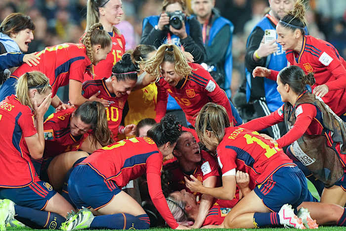 Spain’s women’s soccer team celebrates their 2023 Women’s World Cup win