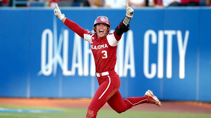 Oklahoma’s Grace Lyons celebrates a home run during the second game of the Women’s College World Championship Series.