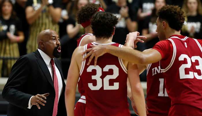 Indiana Hoosiers head coach Mike Woodson talks to his players during a timeout during the NCAA men s basketball game against the Purdue Boilermakers, Saturday, Feb. 25, 2023, at Mackey Arena in West Lafayette, Ind. Indiana Hoosiers won 79-71.