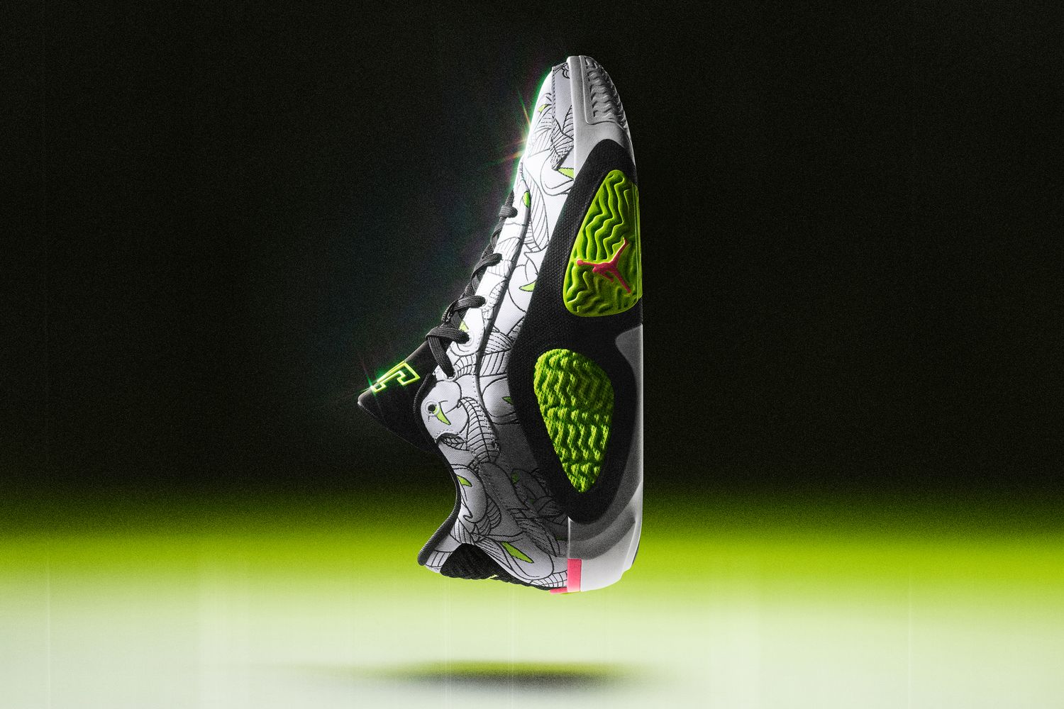 Side view of Jayson Tatum's white and black Jordan Brand shoe.