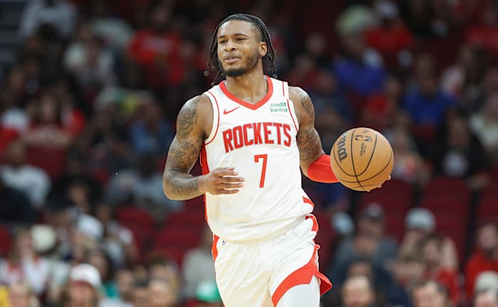 Rockets forward Cam Whitmore brings the ball up the court during the game against the Indiana Pacers at Toyota Center.