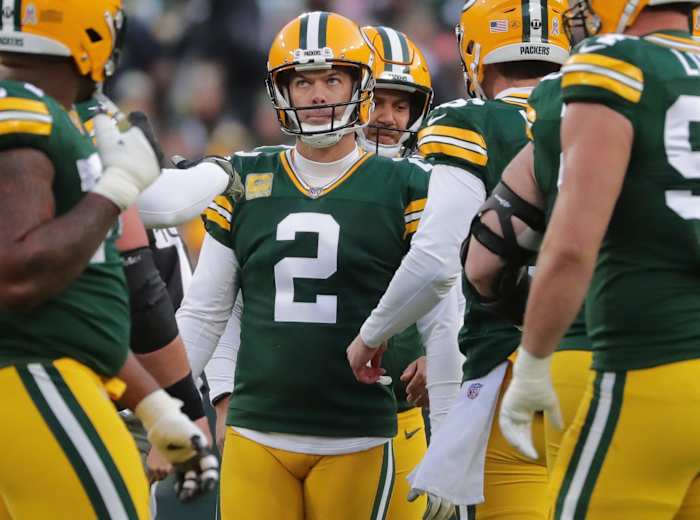 Green Bay Packers kicker Mason Crosby (2) reacts after missing a field goal during the first quarter of their game Sunday, November 14, 2021 at Lambeau Field in Green Bay, Wis. The Green Bay Packers beat the Seattle Seahawks 17-0