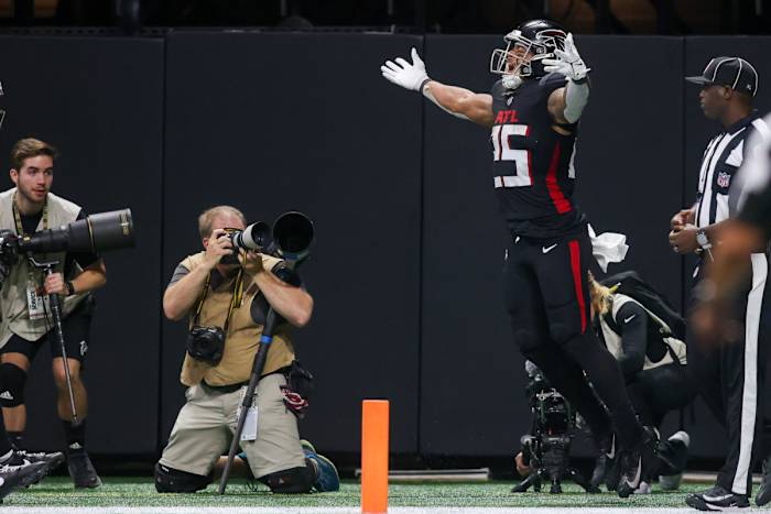 Sep 10, 2023; Atlanta, Georgia, USA; Atlanta Falcons running back Tyler Allgeier (25) celebrates after a touchdown against the Carolina Panthers in the second half at Mercedes-Benz Stadium.