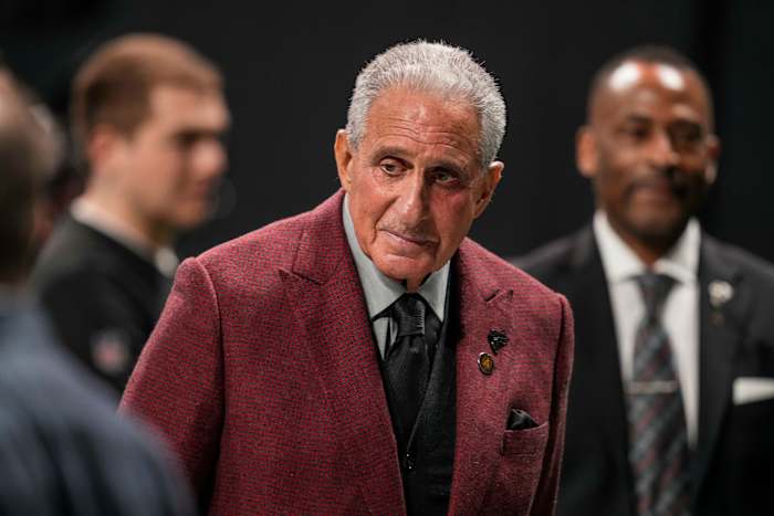 Atlanta Falcons team owner Arthur Blank shown on the field after the game against the Indianapolis Colts at Mercedes-Benz Stadium.