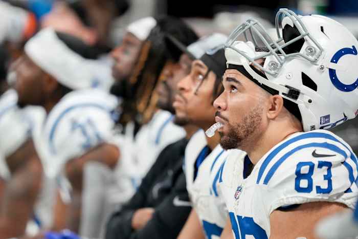 Dec 24, 2023; Atlanta, Georgia, USA; Indianapolis Colts tight end Kylen Granson (83) sits on the bench during the fourth quarter during a game against the Atlanta Falcons at Mercedes-Benz Stadium.