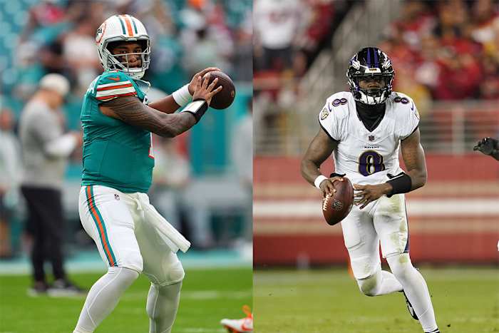 Miami Dolphins quarterback Tua Tagovailoa (left) and Baltimore Ravens signal-caller Lamar Jackson (right).