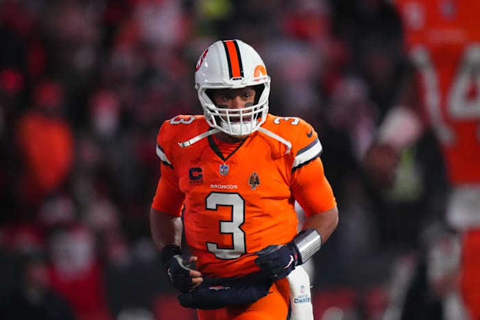 Dec 24, 2023; Denver, Colorado, USA; Denver Broncos quarterback Russell Wilson (3) before the game against the New England Patriots at Empower Field at Mile High.