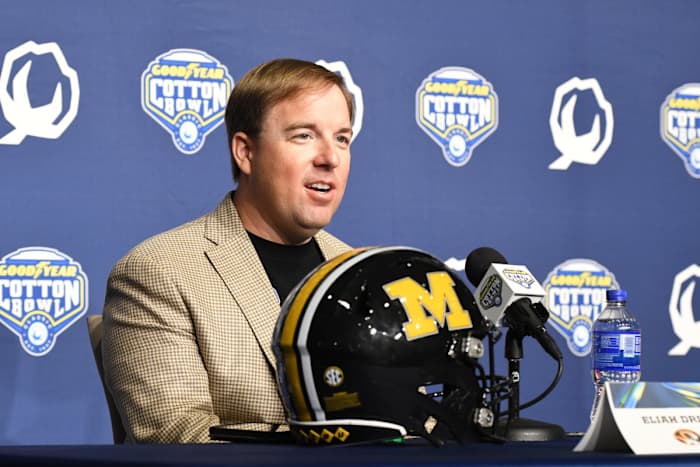 Missouri football coach Eli Drinkwitz speaks to the media during the pre-game press conference on Thursday, Dec. 28 at AT&T Stadium.