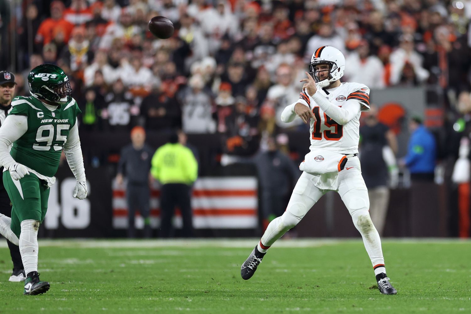 Dec 28, 2023; Cleveland, Ohio, USA; Cleveland Browns quarterback Joe Flacco (15) throws a pass during the first half against the New York Jets at Cleveland Browns Stadium. Mandatory Credit: Scott Galvin-USA TODAY Sports