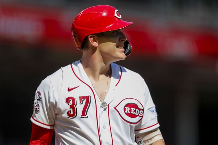 Sep 1, 2023; Cincinnati, Ohio, USA; Cincinnati Reds catcher Tyler Stephenson (37) reacts after striking out against the Chicago Cubs in the eighth inning at Great American Ball Park. Mandatory Credit: Katie Stratman-USA TODAY Sports