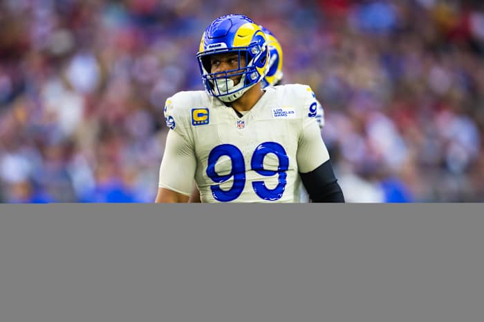 Nov 26, 2023; Glendale, Arizona, USA; Los Angeles Rams defensive tackle Aaron Donald (99) against the Arizona Cardinals at State Farm Stadium.