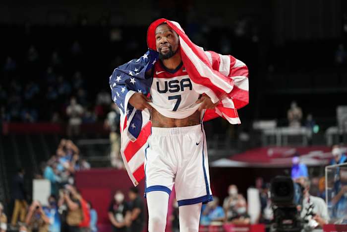 Kevin Durant reacts after winning the gold medal game during the Tokyo 2020 Olympic Summer Games.