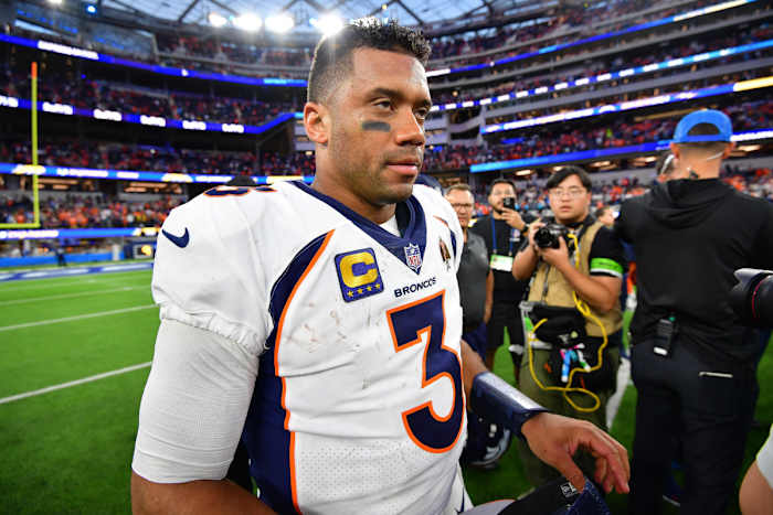 Dec 10, 2023; Inglewood, California, USA; Denver Broncos quarterback Russell Wilson (3) reacts following the victory against the Los Angeles Chargers at SoFi Stadium.