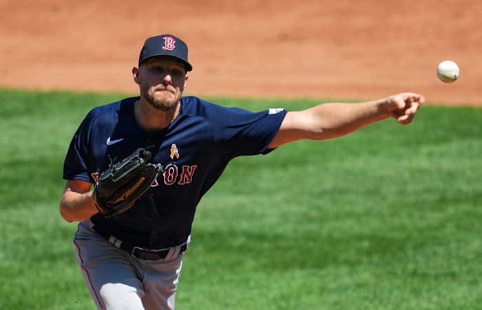 Sep 3, 2023; Kansas City, Missouri, USA; Boston Red Sox starting pitcher Chris Sale (41) pitches during the third inning against the Kansas City Royals at Kauffman Stadium.