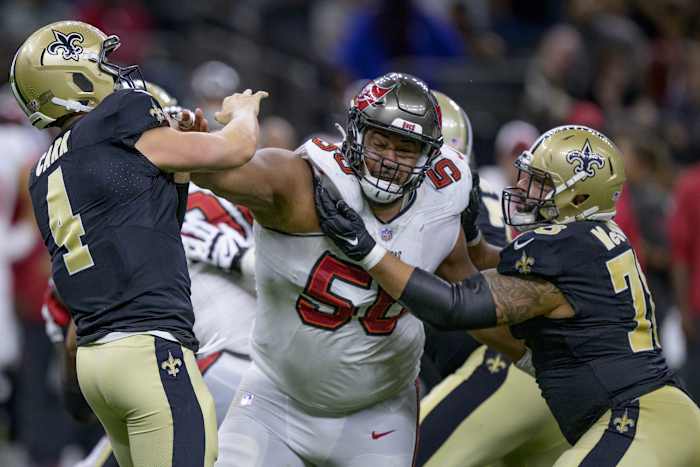 Tampa Bay Buccaneers defensive tackle Vita Vea (50) pressures New Orleans Saints quarterback Derek Carr (4). Mandatory Credit: Matthew Hinton-USA TODAY