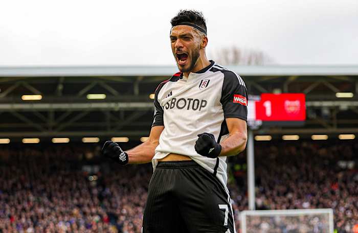 Raul Jimenez pictured celebrating after scoring for Fulham against Arsenal in a Premier League game at Craven Cottage on New Year's Eve in December 2023