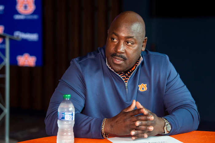 Auburn secondary coach Wesley McGriff is interviewed at the Woltosz Football Performance Center in Auburn, Ala., on Thursday, Feb. 1, 2023.