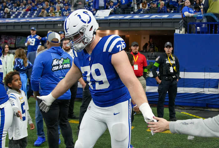 Indianapolis Colts offensive tackle Bernhard Raimann (79) slaps hands pregame, Las Vegas Raiders at Indianapolis Colts, Sunday, Dec. 31, 2023, at Lucas Oil Stadium.