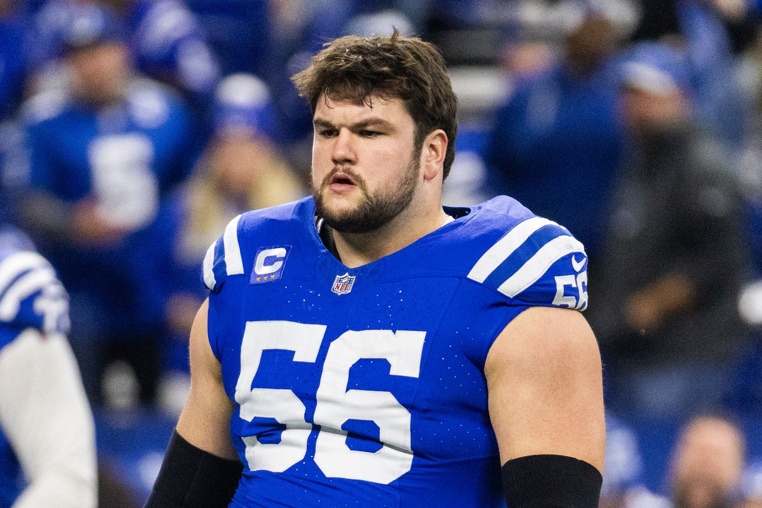 Dec 31, 2023; Indianapolis, Indiana, USA; Indianapolis Colts guard Quenton Nelson (56) during warmups before the game against the Las Vegas Raiders at Lucas Oil Stadium. Mandatory Credit: Trevor Ruszkowski-USA TODAY Sports