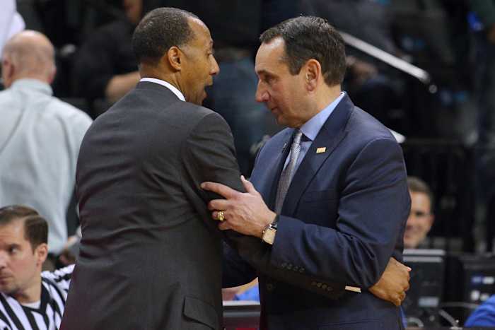Duke basketball legends Johnny Dawkins and Mike Krzyzewski