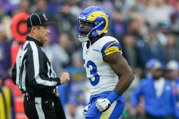 Los Angeles LB Ernest Jones celebrating making a play against the Baltimore Ravens (10th Dec., 2023)