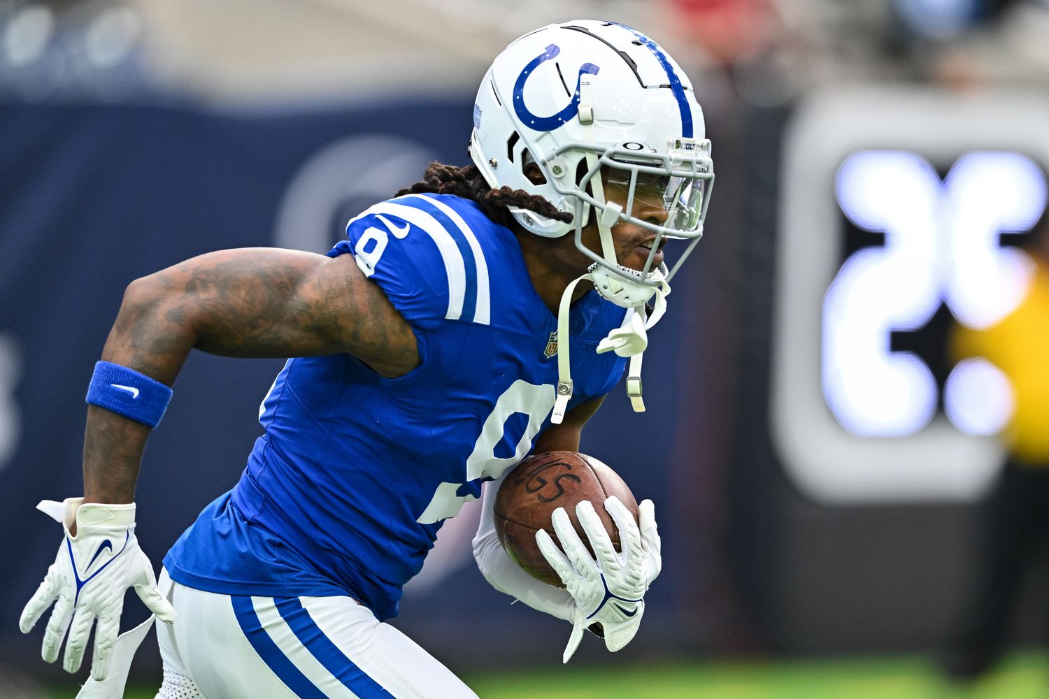 Sep 17, 2023; Houston, Texas, USA; Indianapolis Colts wide receiver Juwann Winfree (9) warming up prior to the game against the Houston Texans at NRG Stadium. Mandatory Credit: Maria Lysaker-USA TODAY Sports
