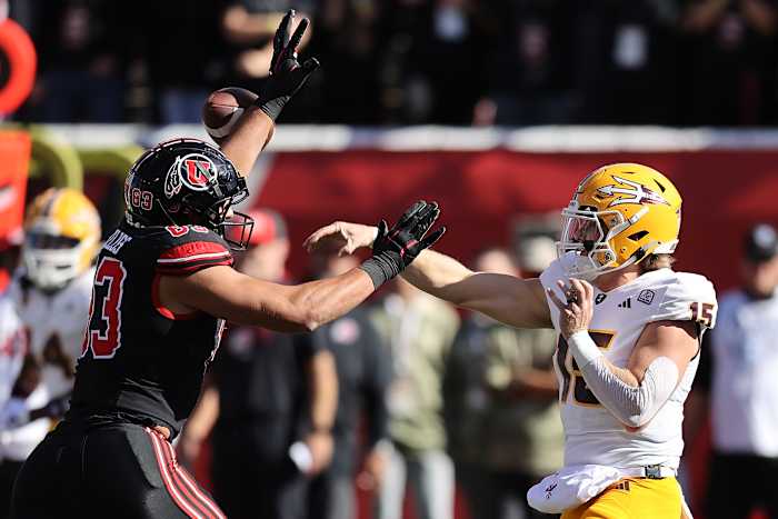 Nov 4, 2023; Salt Lake City, Utah, USA; Arizona State Sun Devils quarterback Jacob Conover (15) has pass deflected by Utah Utes defensive end Jonah Elliss (83) in the second quarter at Rice-Eccles Stadium. Mandatory Credit: Rob Gray-USA TODAY Sports