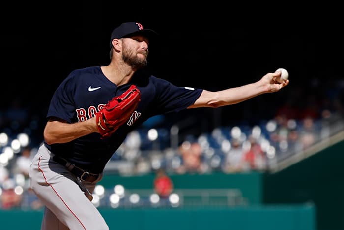 Aug 17, 2023; Washington, District of Columbia, USA; Boston Red Sox starting pitcher Chris Sale (41) pitches against the Washington Nationals during the first inning at Nationals Park.