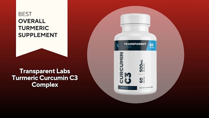 White pill bottle with blue writing that reads "CURCUMIN C3" against a red background