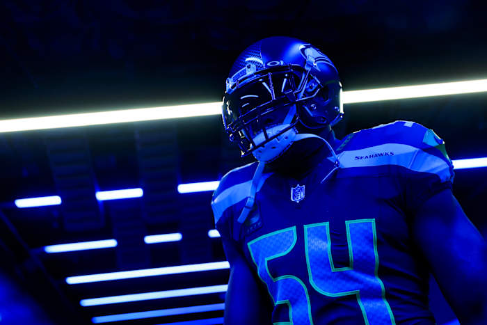 Seattle Seahawks linebacker Bobby Wagner (54) exits the locker room before pregame warmups against the Philadelphia Eagles at Lumen Field.
