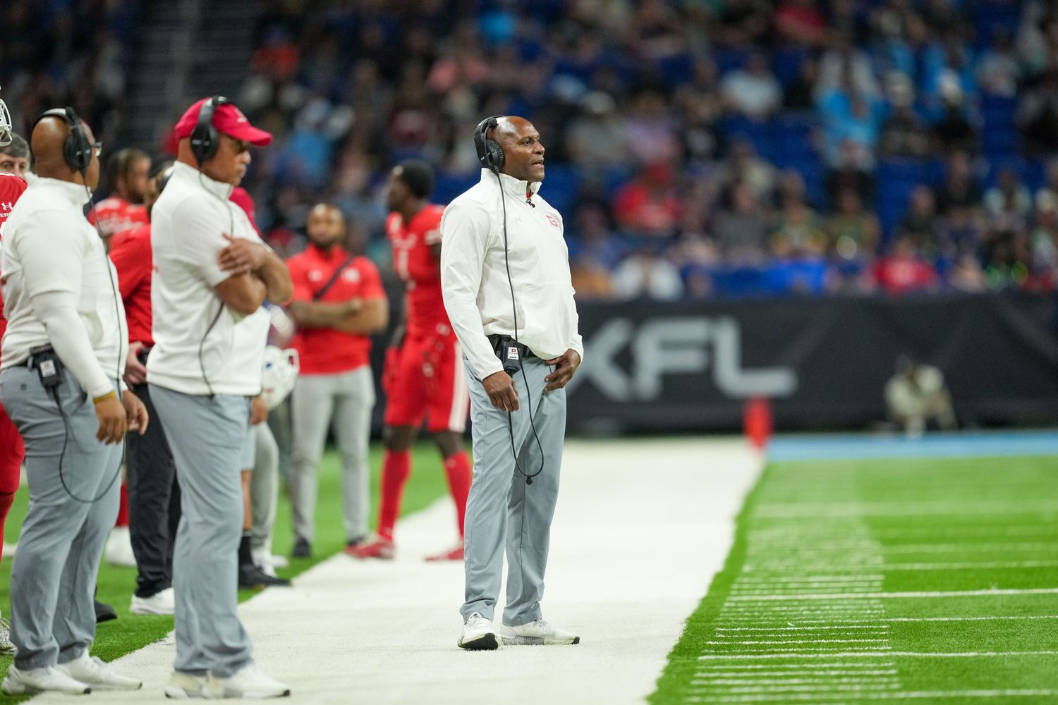 May 13, 2023; San Antonio, TX, USA; DC Defenders head coach Reggie Barlow looks on in the second half against the Arlington Renegades at the Alamodome. Mandatory Credit: Daniel Dunn-USA TODAY Sports