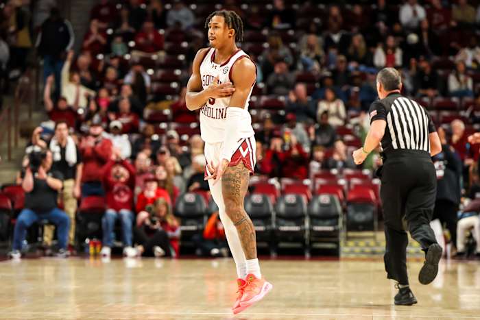 Meechie Johnson celebrates a three-point basket against the Florida A&M Rattlers