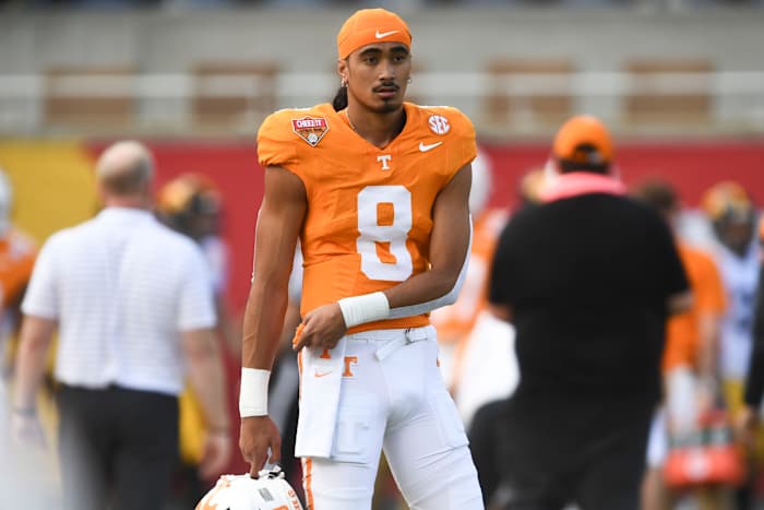 Tennessee Volunteers QB Nico Iamaleava before the win over Iowa. (Photo by Saul Young of the News Sentinel)