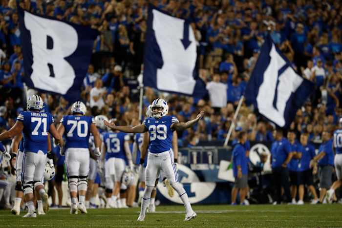 Sep 11, 2021; Provo, Utah, USA; Brigham Young Cougars place kicker Jake Oldroyd (39) reacts after his first quarter field goal against the Utah Utes at LaVell Edwards Stadium. Mandatory Credit: Jeffrey Swinger-USA TODAY Sports