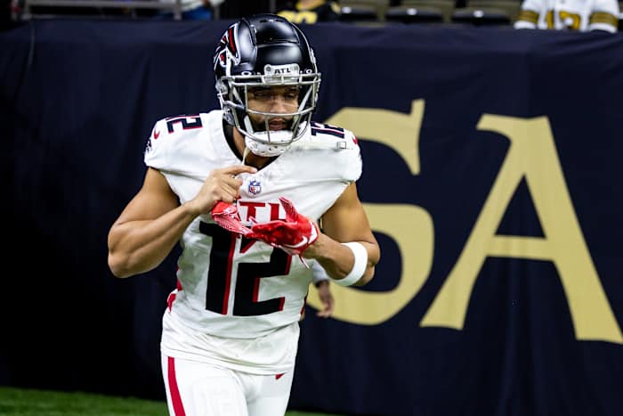 Jan 7, 2024; New Orleans, Louisiana, USA; Atlanta Falcons wide receiver KhaDarel Hodge (12) during warmups against the New Orleans Saints at Caesars Superdome.