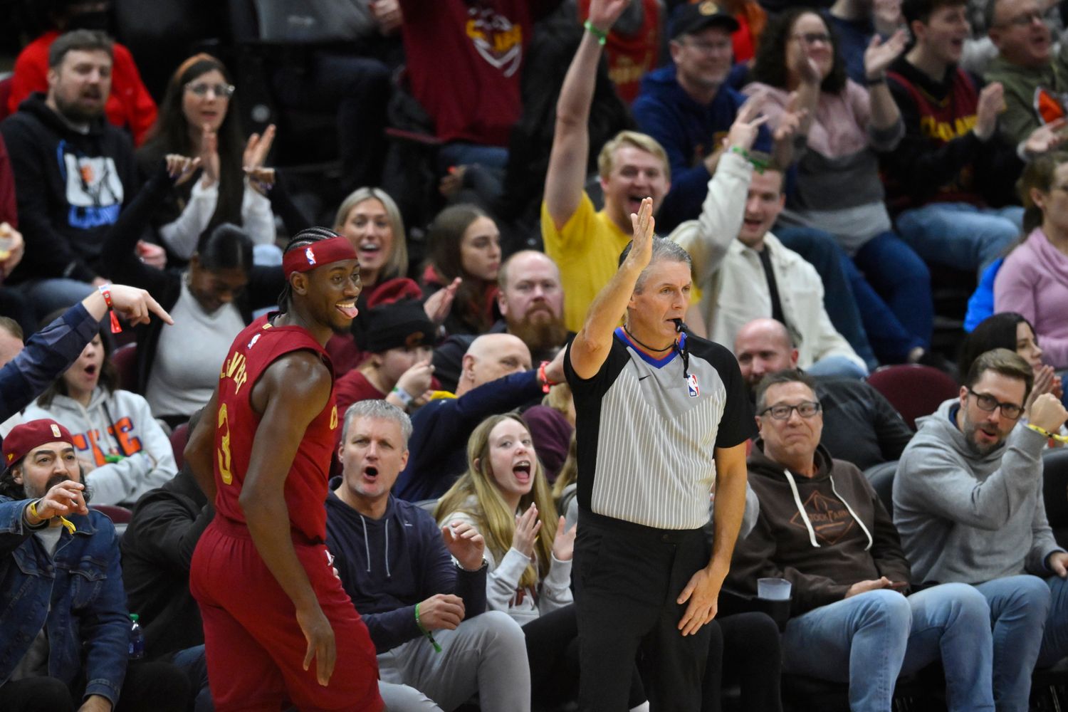 Jan 7, 2024; Cleveland, Ohio, USA; Cleveland Cavaliers guard Caris LeVert (3) celebrates his three-point basket in the third quarter against the San Antonio Spurs at Rocket Mortgage FieldHouse.