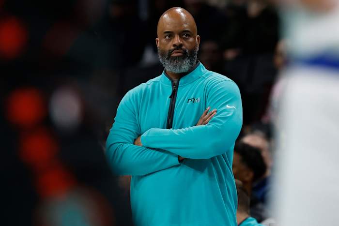 Washington Wizards head coach Wes Unseld Jr. looks on from the bench against the New York Knicks in the second quarter at Capital One Arena.