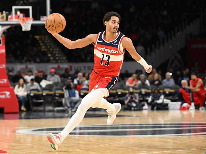 Washington Wizards guard Jordan Poole (13) brings the ball up court against the Atlanta Hawks during the second half at Capital One Arena.