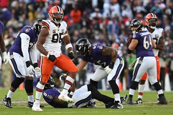 Nov 12, 2023; Baltimore, Maryland, USA; Cleveland Browns defensive end Myles Garrett (95) reacts after sacking Baltimore Ravens quarterback Lamar Jackson (8) in the second half at M&T Bank Stadium.