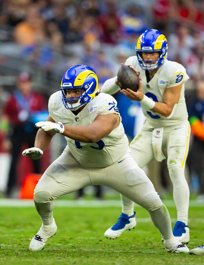 Nov 26, 2023; Glendale, Arizona, USA; Los Angeles Rams guard Steve Avila (73) against the Arizona Cardinals at State Farm Stadium. Mandatory Credit: Mark J. Rebilas-USA TODAY Sports