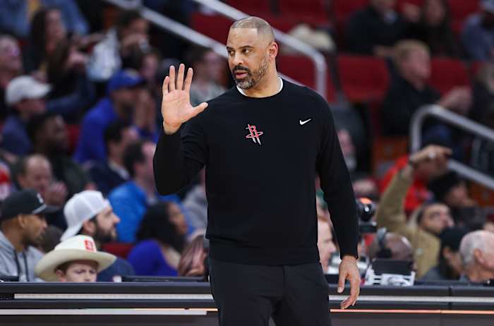 Rockets head coach Ime Udoka reacts during the second quarter against the Milwaukee Bucks at Toyota Center.