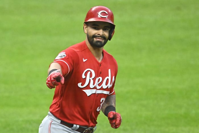 Sep 26, 2023; Cleveland, Ohio, USA; Cincinnati Reds first baseman Christian Encarnacion-Strand (33) celebrates his two-run home run in the third inning against the Cleveland Guardians at Progressive Field. Mandatory Credit: David Richard-USA TODAY Sports 
