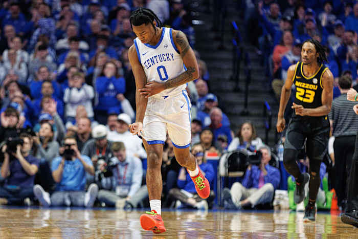 Jan 9, 2024; Lexington, Kentucky, USA; Kentucky Wildcats guard Rob Dillingham (0) celebrates a three point basket during the first half against the Missouri Tigers at Rupp Arena at Central Bank Center. Mandatory Credit: Jordan Prather-USA TODAY Sports