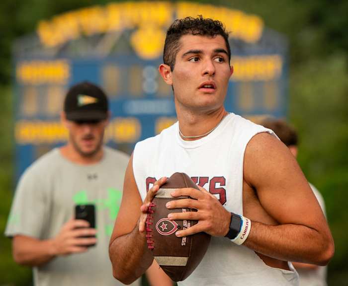 Gamecock QB signee Dante Reno going through a drill at the M2 QB Academy (2nd Aug., 2023)