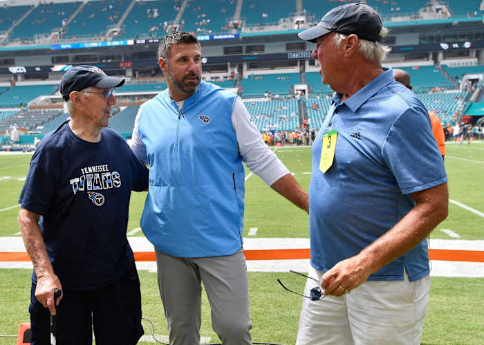 Titans head coach Mike Vrabel spends time with his grandfather, George, left, and father, Chuck, before the game against the Dolphins at Hard Rock Stadium Sunday, Sept. 9, 2018, in Miami Gardens, Fla.