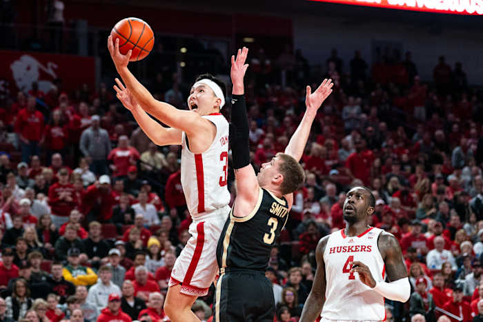 Nebraska guard Keisei Tominaga shoots the ball against Purdue guard Braden Smith during the first half Tuesday night at Pinnacle Bank Arena in Lincoln. (Jan 9, 2024)