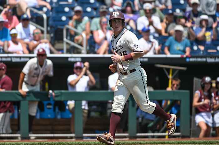 Texas A&M Aggies second baseman Ryan Targac (16) advances home on a error against the Texas Longhorns in the second inning at Charles Schwab Field.