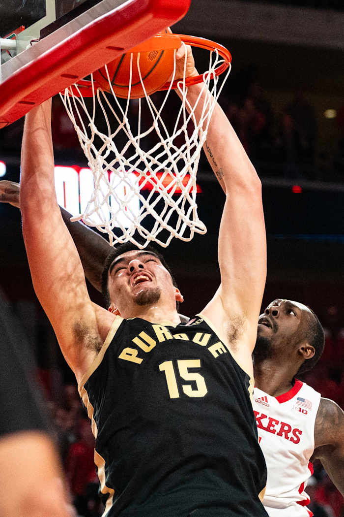Purdue center Zach Edey dunks against Nebraska forward Juwan Gary during the second half at Pinnacle Bank Arena in Lincoln. (Jan 9, 2024)
