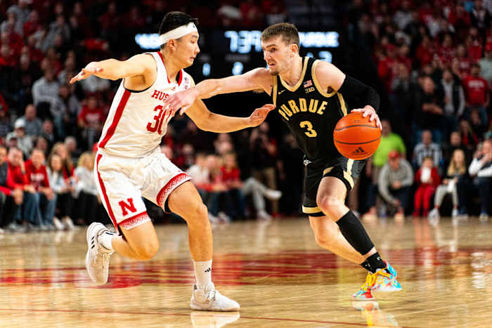 Purdue guard Braden Smith drives against Nebraska guard Keisei Tominaga during the second half at Pinnacle Bank Arena in Lincoln. (Jan 9, 2024)