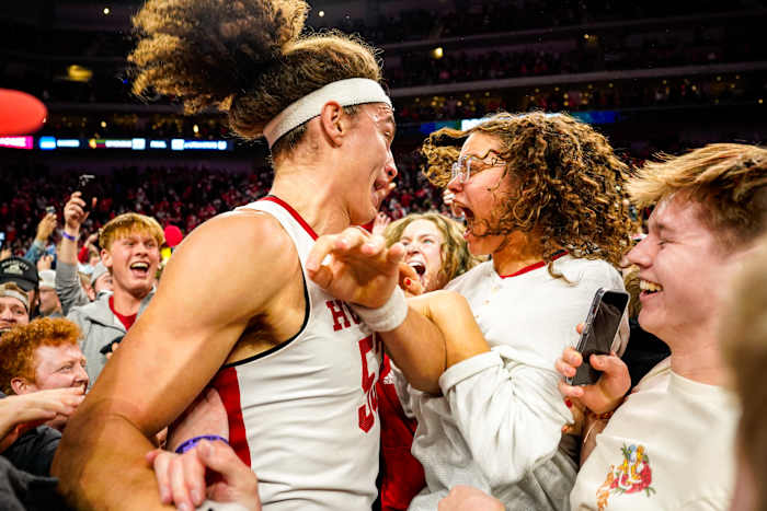 Nebraska forward Josiah Allick celebrates with fans after the Huskers' upset win Tuesday night over Purdue at Pinnacle Bank Arena in Lincoln. (Jan 9, 2024)